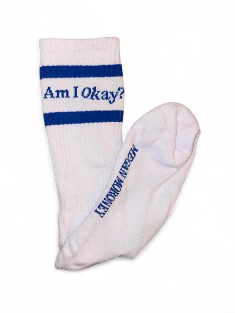 White Crew Socks with Blue Stripes and 'Am I Okay?' Text